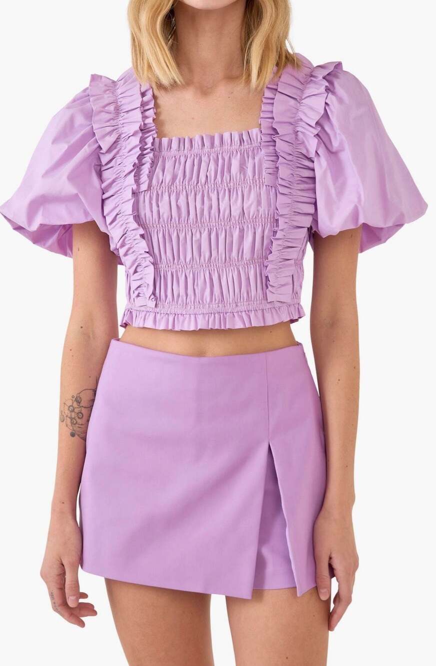 Endless Rose Smocked Puff Sleeve Crop Top in Lavender